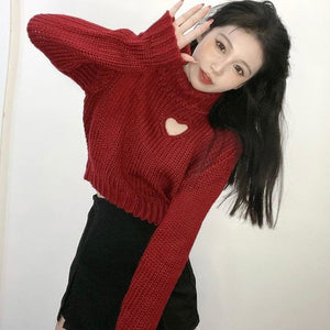 Chic Heart-shaped Hollow Out Sexy Girl Long Sleeve Turtleneck Crop Sweaters MK15559 - KawaiiMoriStore