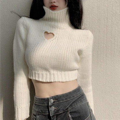 Chic Heart-shaped Hollow Out Sexy Girl Long Sleeve Turtleneck Crop Sweaters MK15559 - KawaiiMoriStore