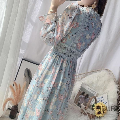 Chiffon lace A-line Butterfly Sleeve Floral Dress MM0966 - KawaiiMoriStore