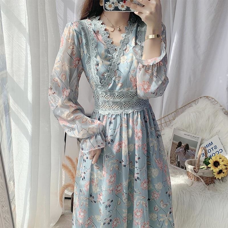 Chiffon lace A-line Butterfly Sleeve Floral Dress MM0966 - KawaiiMoriStore