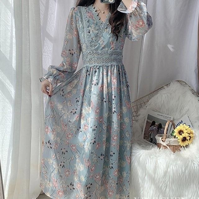 Chiffon lace A-line Butterfly Sleeve Floral Dress MM0966 - KawaiiMoriStore