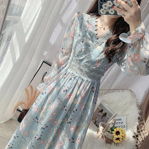 Chiffon lace A-line Butterfly Sleeve Floral Dress MM0966 - KawaiiMoriStore