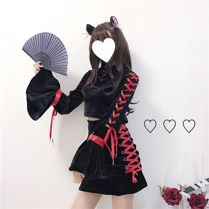 Chinese Qipao Black Velvet Cheongsam 2 Pieces Set MK15374 - KawaiiMoriStore