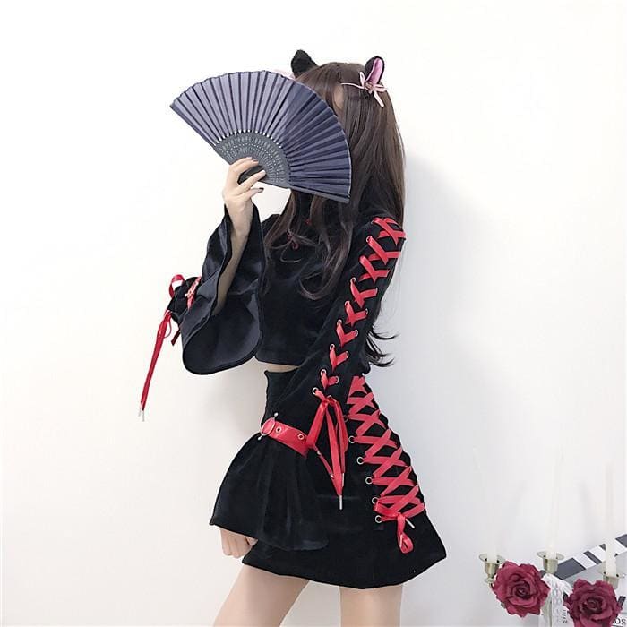 Chinese Qipao Black Velvet Cheongsam 2 Pieces Set MK15374 - KawaiiMoriStore