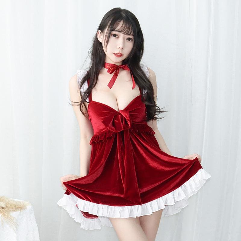 Chrismas Red Ruffle Velvet Bowknot Suspender Dress MK16858