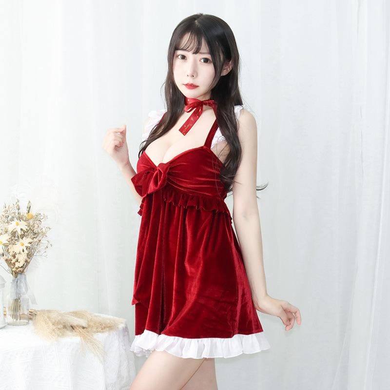 Chrismas Red Ruffle Velvet Bowknot Suspender Dress MK16858