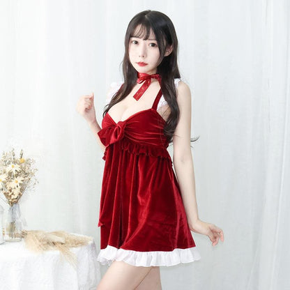 Chrismas Red Ruffle Velvet Bowknot Suspender Dress MK16858