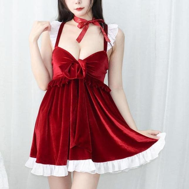 Chrismas Red Ruffle Velvet Bowknot Suspender Dress MK16858