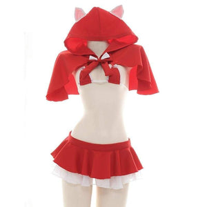 Christmas Little Red Riding Hood Lolita Girls Cat Ears Cloak Sexy Lingerie Set MK16860
