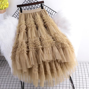 Ciara - Ruffles Hem Mesh Stitching Skirt A-line Ball Grown 