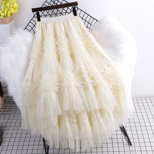 Ciara - Ruffles Hem Mesh Stitching Skirt A-line Ball Grown 