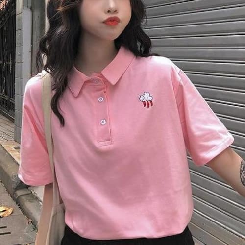 Cloud Lightning Classic Japanese Polo T-Shirt(Black, Pink) MM1004 - KawaiiMoriStore