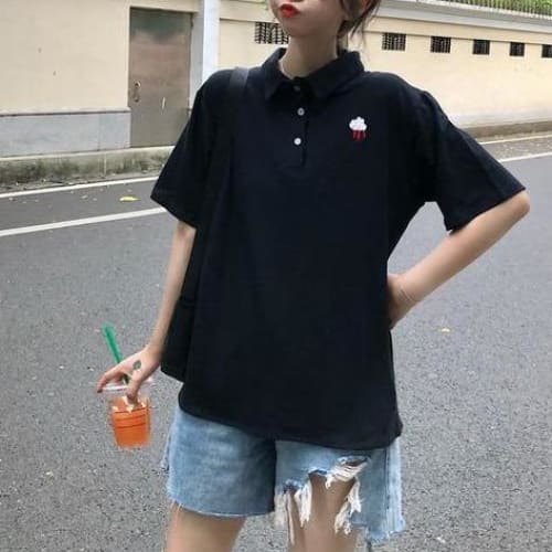 Cloud Lightning Classic Japanese Polo T-Shirt(Black, Pink) MM1004 - KawaiiMoriStore