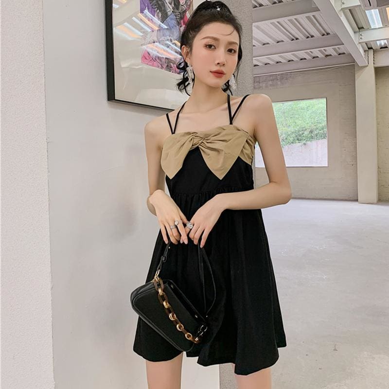 Color Block Bow Knot Sling Mini Dress