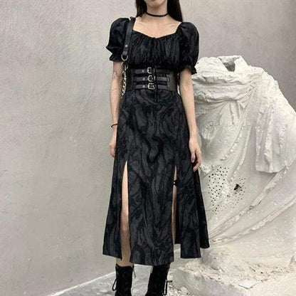 Cool Alternative Grunge Open Leg Long Black Gray Dress MM1609 - KawaiiMoriStore