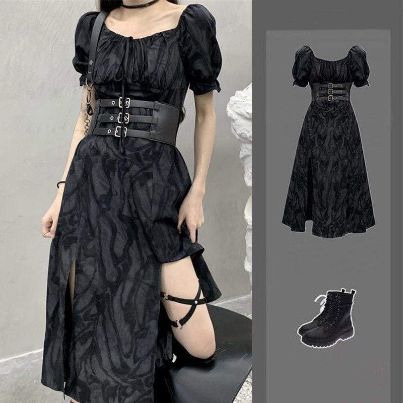 Cool Alternative Grunge Open Leg Long Black Gray Dress MM1609 - KawaiiMoriStore