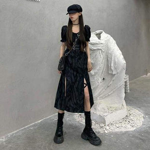 Cool Alternative Grunge Open Leg Long Black Gray Dress MM1609 - KawaiiMoriStore