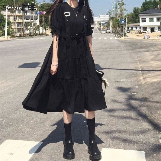 Cool Black Lace Up O-Neck Strap Midi Dress MK15717 - KawaiiMoriStore