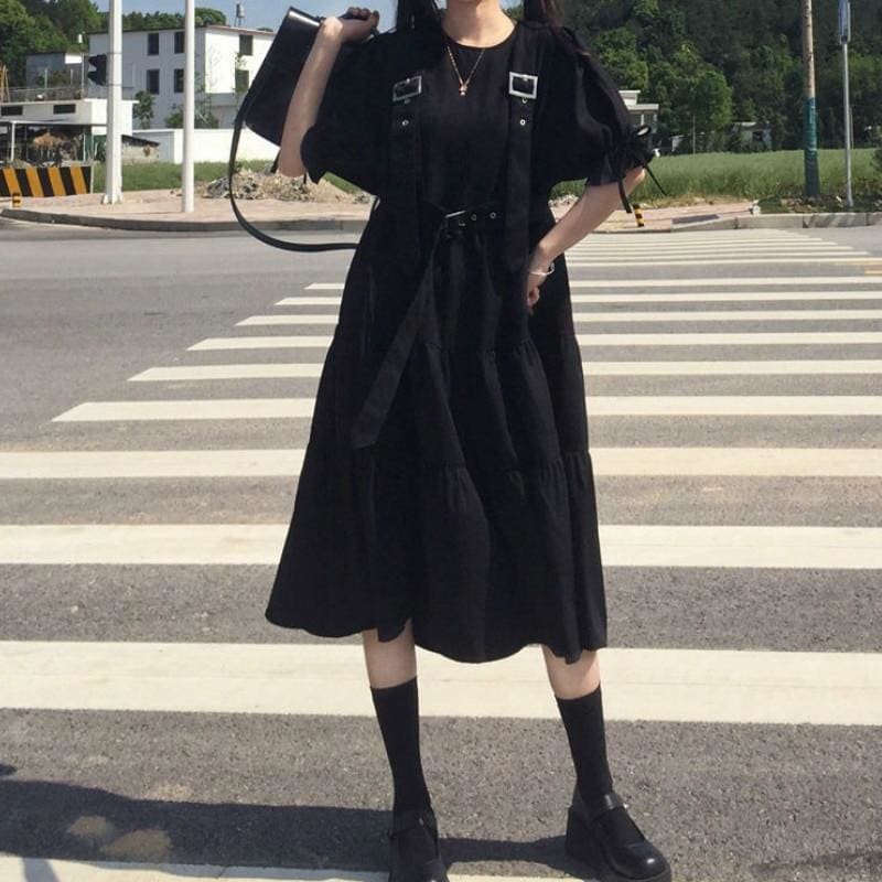 Cool Black Lace Up O-Neck Strap Midi Dress MK15717 - KawaiiMoriStore