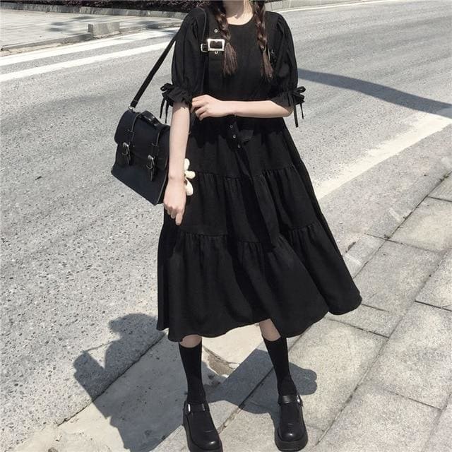 Cool Black Lace Up O-Neck Strap Midi Dress MK15717 - KawaiiMoriStore