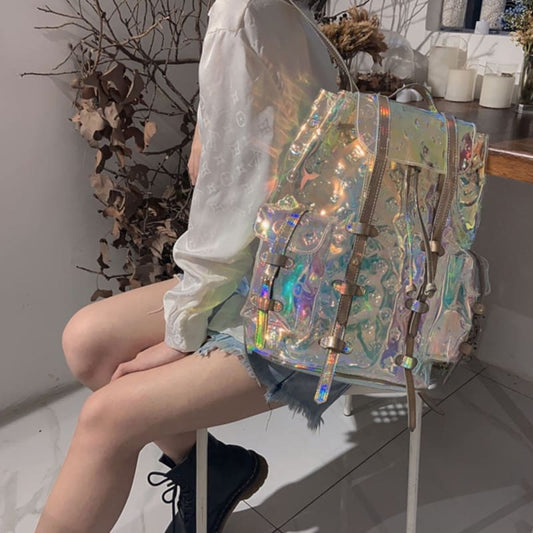 Cool Trendy Colorful Old Flower Pattern Laser Transparent Travel Backpack MK0806 - KawaiiMoriStore