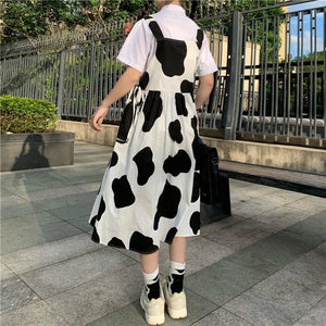 Cow Print Kawaii Harajuku Oversized Pinafore Dress - One 