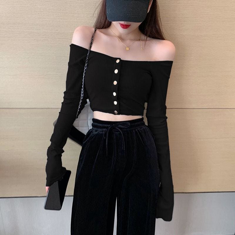 Crop Tops Slash Neck T-shirt MK15195 - KawaiiMoriStore