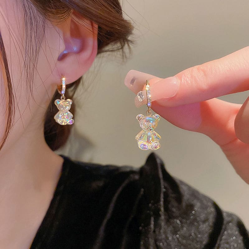 Crystal bear earrings - Crystal Bear / Ear clip - earrings