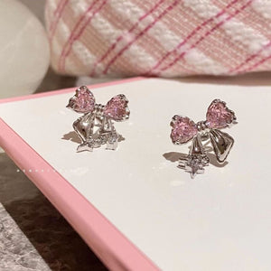 Crystal Bow Earrings - Pink - earrings