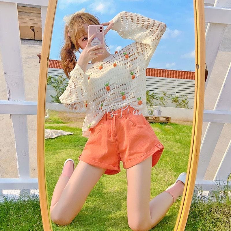 Cute Apricot Strawberry Embroidery Hollow Sweatshirt MM1150 - KawaiiMoriStore