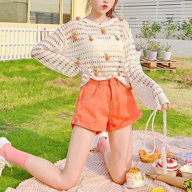 Cute Apricot Strawberry Embroidery Hollow Sweatshirt MM1150 - KawaiiMoriStore