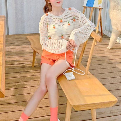 Cute Apricot Strawberry Embroidery Hollow Sweatshirt MM1150 - KawaiiMoriStore