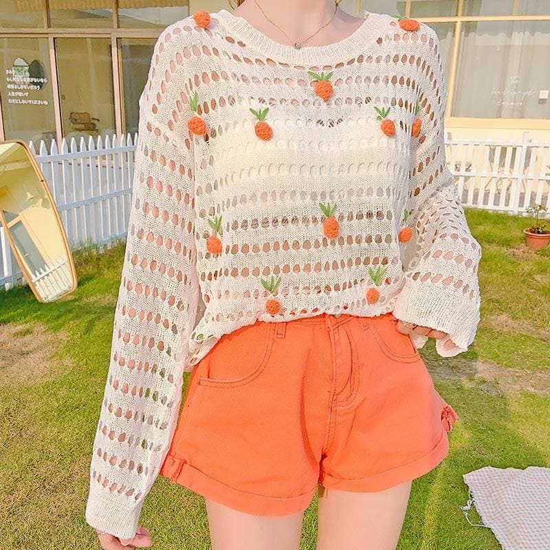 Cute Apricot Strawberry Embroidery Hollow Sweatshirt MM1150 - KawaiiMoriStore