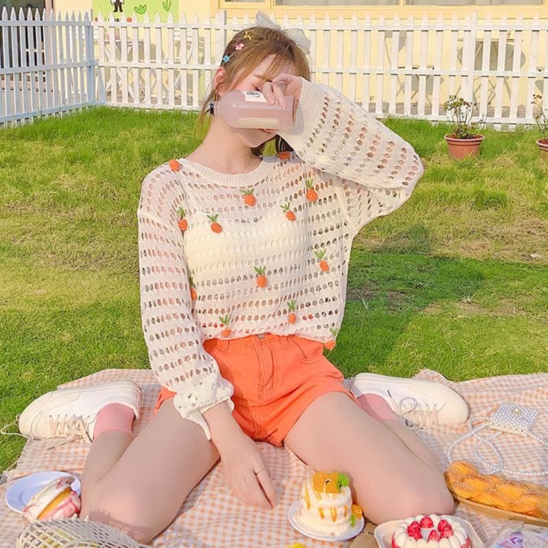 Cute Apricot Strawberry Embroidery Hollow Sweatshirt MM1150 - KawaiiMoriStore