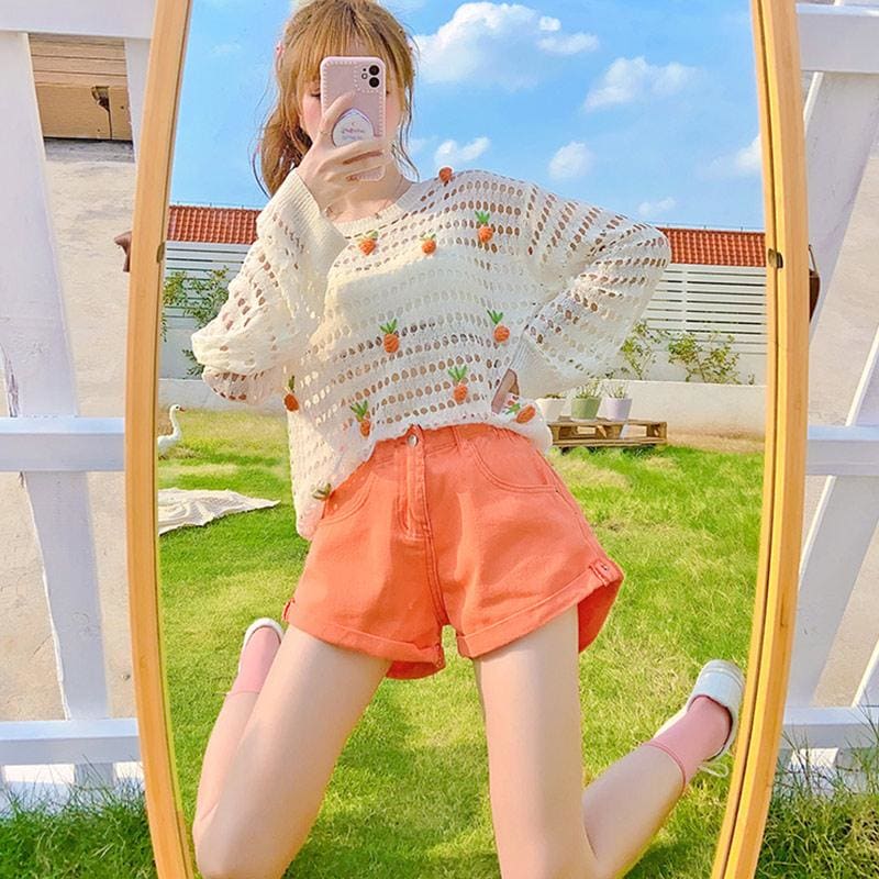 Cute Apricot Strawberry Embroidery Hollow Sweatshirt MM1150 - KawaiiMoriStore