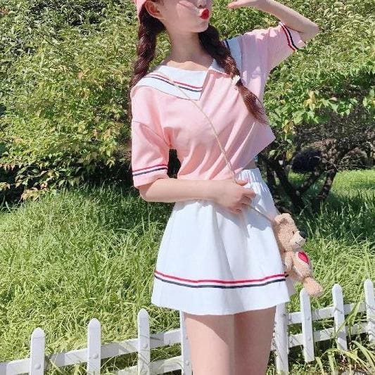 Cute Baby Doll Coller Short Sleeve Blouse and Skirt Two Piece Set MK15320 - KawaiiMoriStore