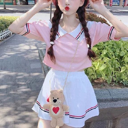 Cute Baby Doll Coller Short Sleeve Blouse and Skirt Two Piece Set MK15320 - KawaiiMoriStore