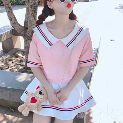 Cute Baby Doll Coller Short Sleeve Blouse and Skirt Two Piece Set MK15320 - KawaiiMoriStore