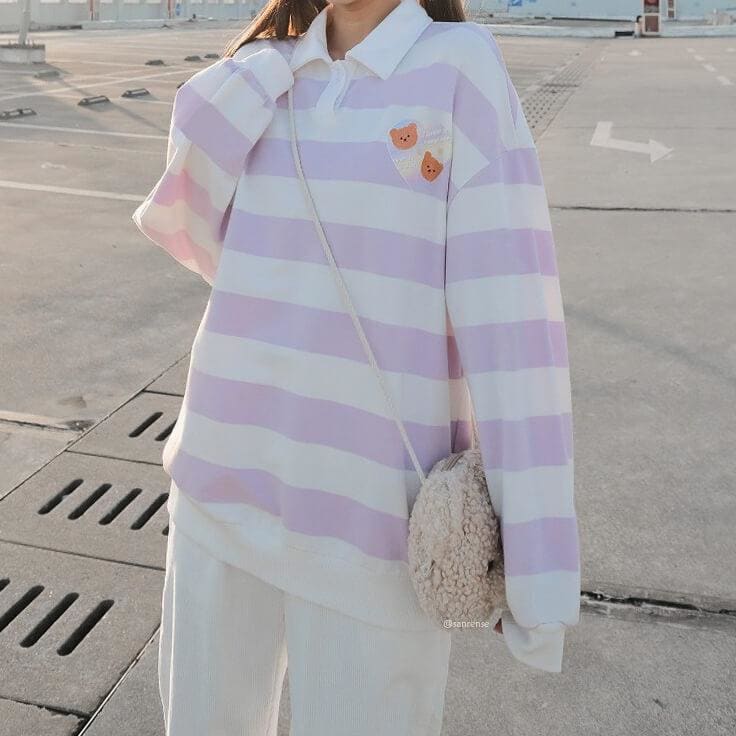 Cute Bears Pastel Purple Striped Sweatshirt MK15949 - KawaiiMoriStore