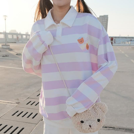 Cute Bears Pastel Purple Striped Sweatshirt MK15949 - KawaiiMoriStore