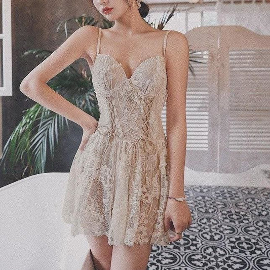 Cute Beige/Black Lace Hollow Out  Bandage Swimsuit Dress MK009 - KawaiiMoriStore