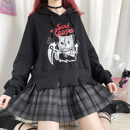 Cute Black Devil Print Irregular Hoodie MK15939 - KawaiiMoriStore