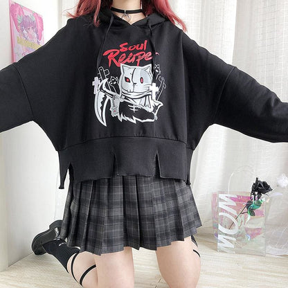 Cute Black Devil Print Irregular Hoodie MK15939 - KawaiiMoriStore