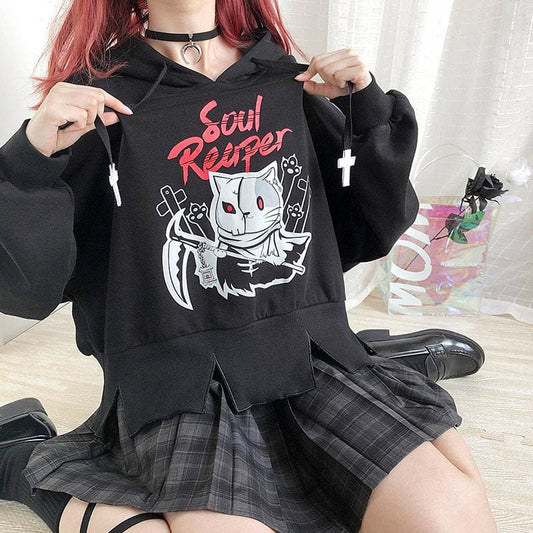 Cute Black Devil Print Irregular Hoodie MK15939 - KawaiiMoriStore