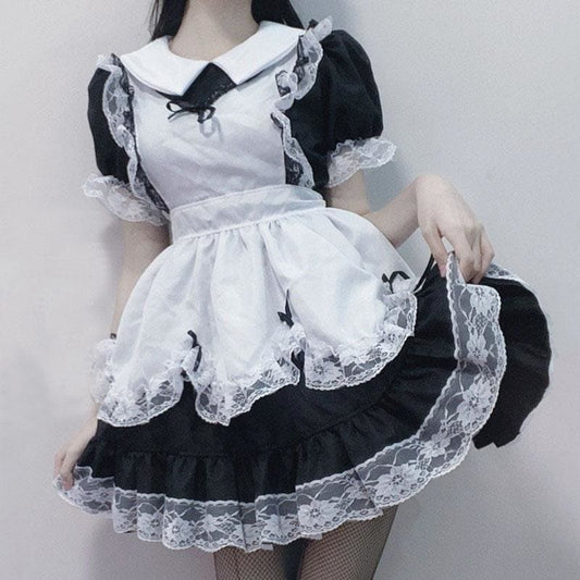 Cute Black White Lolita Lace Bow Maid Dress MM1172 - KawaiiMoriStore