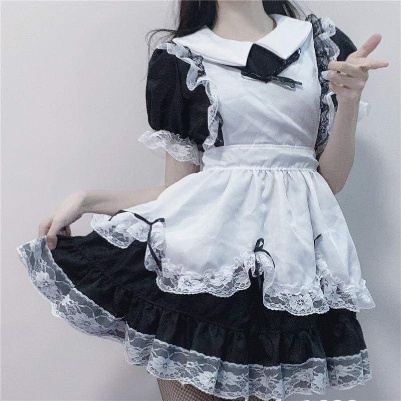 Cute Black White Lolita Lace Bow Maid Dress MM1172 - KawaiiMoriStore