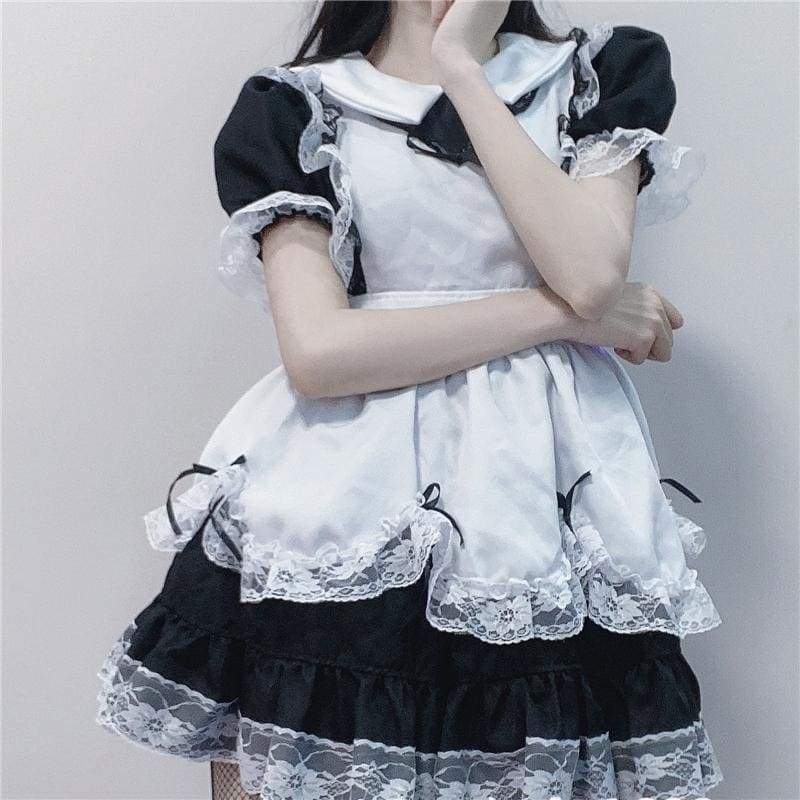 Cute Black White Lolita Lace Bow Maid Dress MM1172 - KawaiiMoriStore