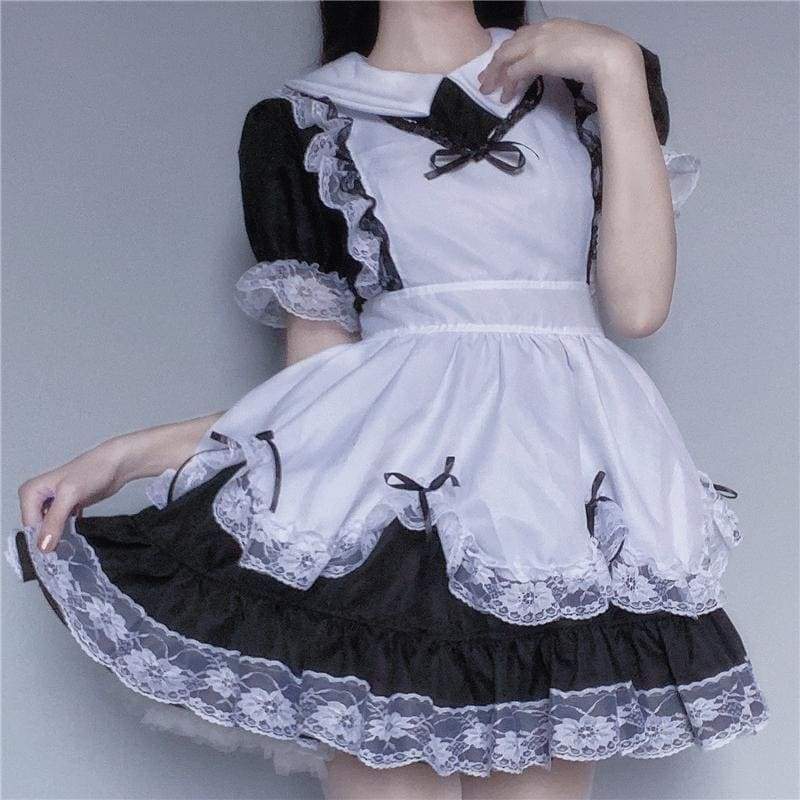 Cute Black White Lolita Lace Bow Maid Dress MM1172 - KawaiiMoriStore