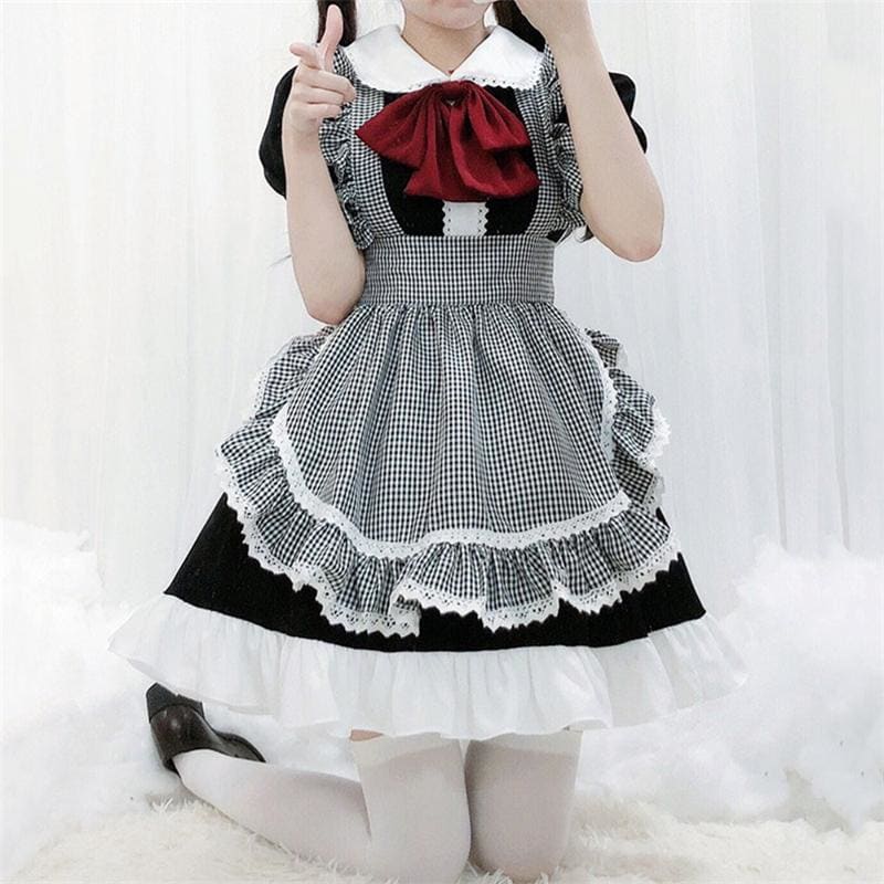 Cute Black White Plaid Lolita Maid Dress MK15985 - KawaiiMoriStore