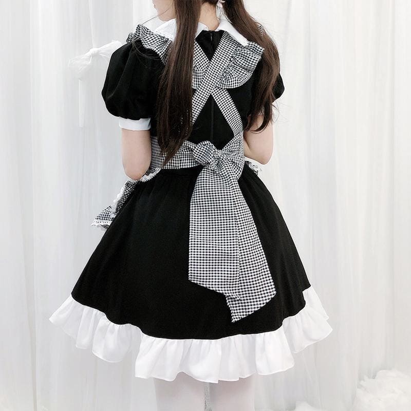 Cute Black White Plaid Lolita Maid Dress MK15985 - KawaiiMoriStore